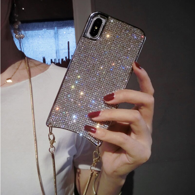 Bling Glitter Strass Diamant Crossbody Fall Für iPhone XS MAX XR 8 7 Plus 11 12 Pro Abdeckung Frauen Mit lange Strap Metall Kette