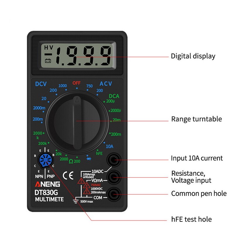 DT830B LCD Display Digital Multimeter Voltmeter Ammeter Ohmmeter DC10V~1000V 10A AC 750V Tester Test