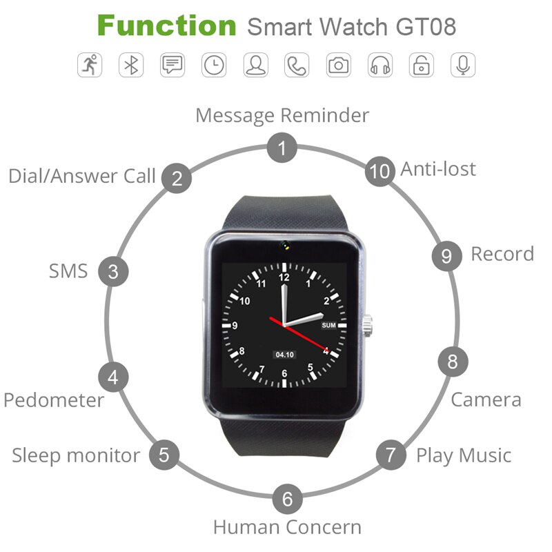 Homme montre montre intelligente GT08 horloge synchronisation notifiant soutien Sim TF carte Bluetooth connectivité Android téléphone montre intelligente hommes alliage