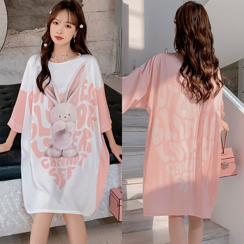Satijnen Nachtjapon Vrouwen Nachtkleding Chiffon Nachtjapon Kawaii Lingerie Gewaad Vest Sexy Nachtkleding Zijde Slaap Tops Zomer 2022: Pink Rabbit