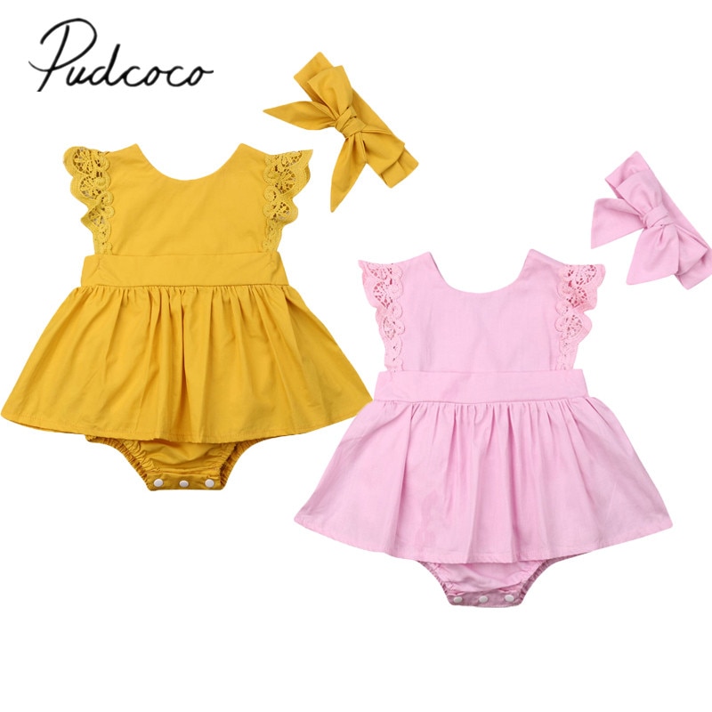 niños ropa de verano ropa de bebé chico bebé niña encaje 2 piezas mono diadema ropa vestido de encaje monos de manga ropa