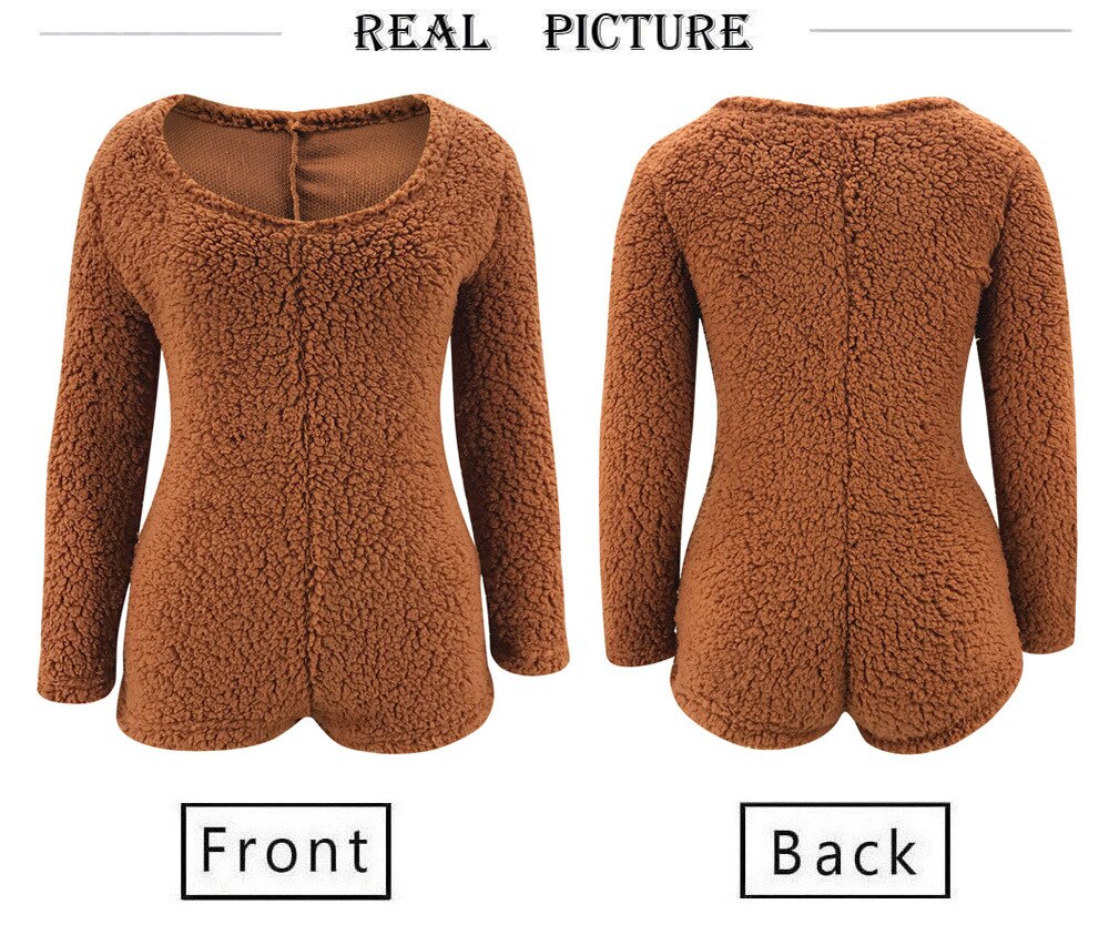Women's Playsuit Plush Romper Long Sleeve Fluffy Bodycon Ladies Autumn Winter Casual Homewear Short Jumpsuit Overalls
