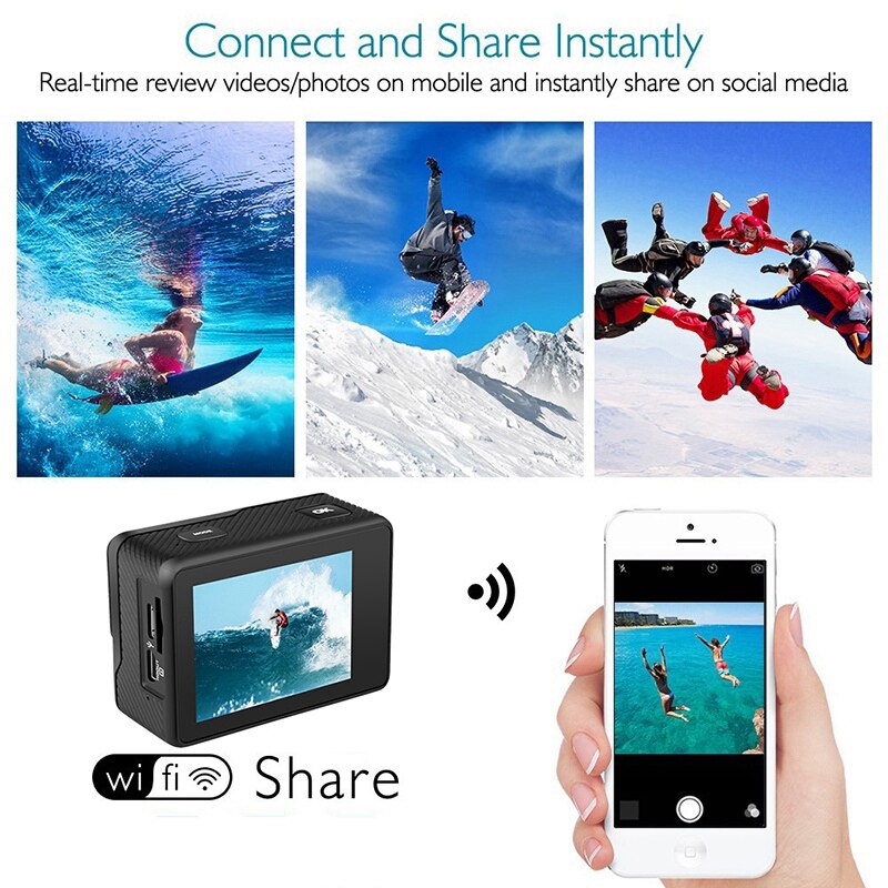 Caméra Sport 4K Ultra HD étanche, WiFi, écran 2.0, Télécommande, Casque Inclus