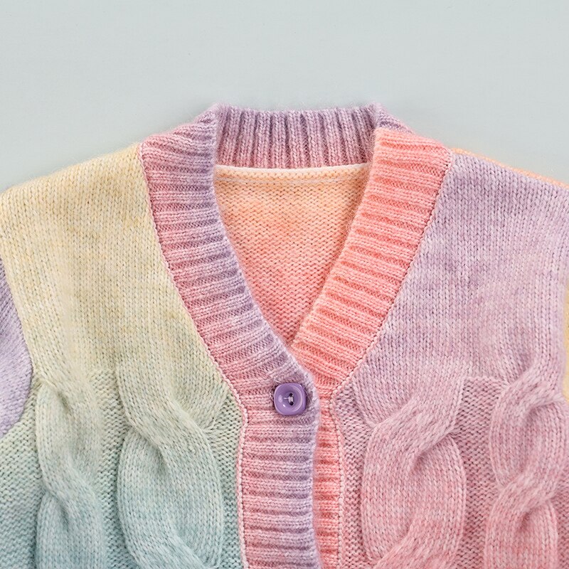0-10Y Winter Fall Children Girl Sweater Cardigan Sweet Rainbow Gradient Twist Round Neck Long Sleeve Button Pullovers/Coats