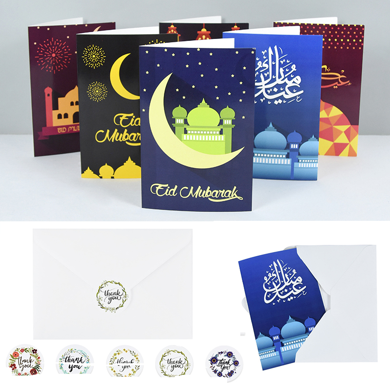 Tarjetas de Felicitación de papel Eid Mubarak con pegatina de sobre, carta de invitación, papel musulmán para de Ramadán, suministros escolares de oficina, 6 piezas