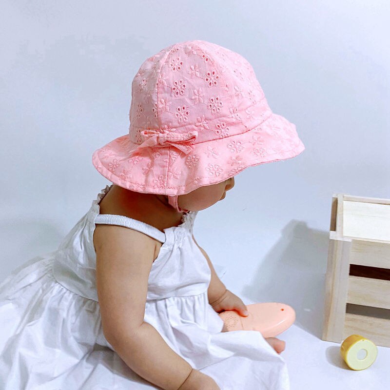 Chapeau à fleurs pour bébé fille, avec nœud, en maille, en coton, style princesse, couleur unie, pour la plage, pour enfant en bas âge: pink style 1