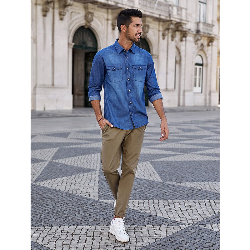 KUEGOU 100% bawełna odzież wiosenna koszula dżinsowa cienkie męskie niebieskie męskie koszule z długim rękawem modny szczyt plus rozmiar BC-20512