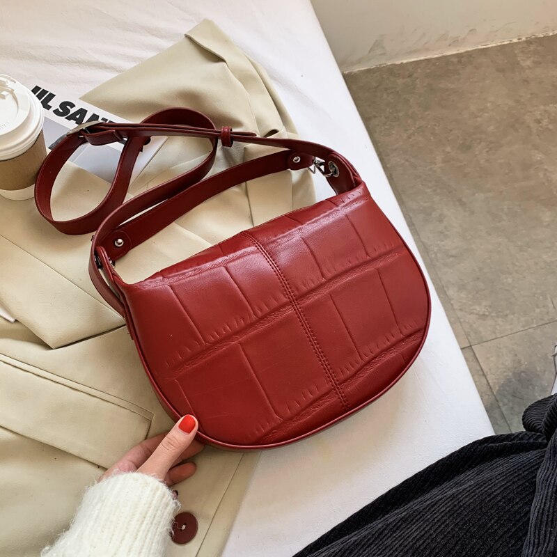 Vintage Stein Muster Kleine PU Leder Umhängetaschen für Frauen Winter Schulter Kreuz Körper Tasche Damen Handtaschen und Geldbörsen: Rot