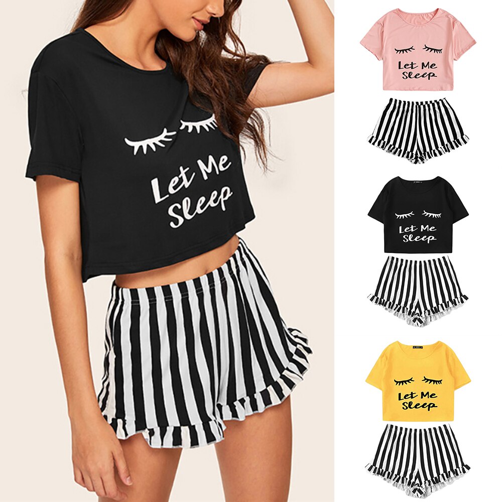 Zwart Grafische Tee Frilled Gestreepte Shorts Ronde Hals Korte Mouw Set Zomer Vrouwen Patchwork Nachtkleding