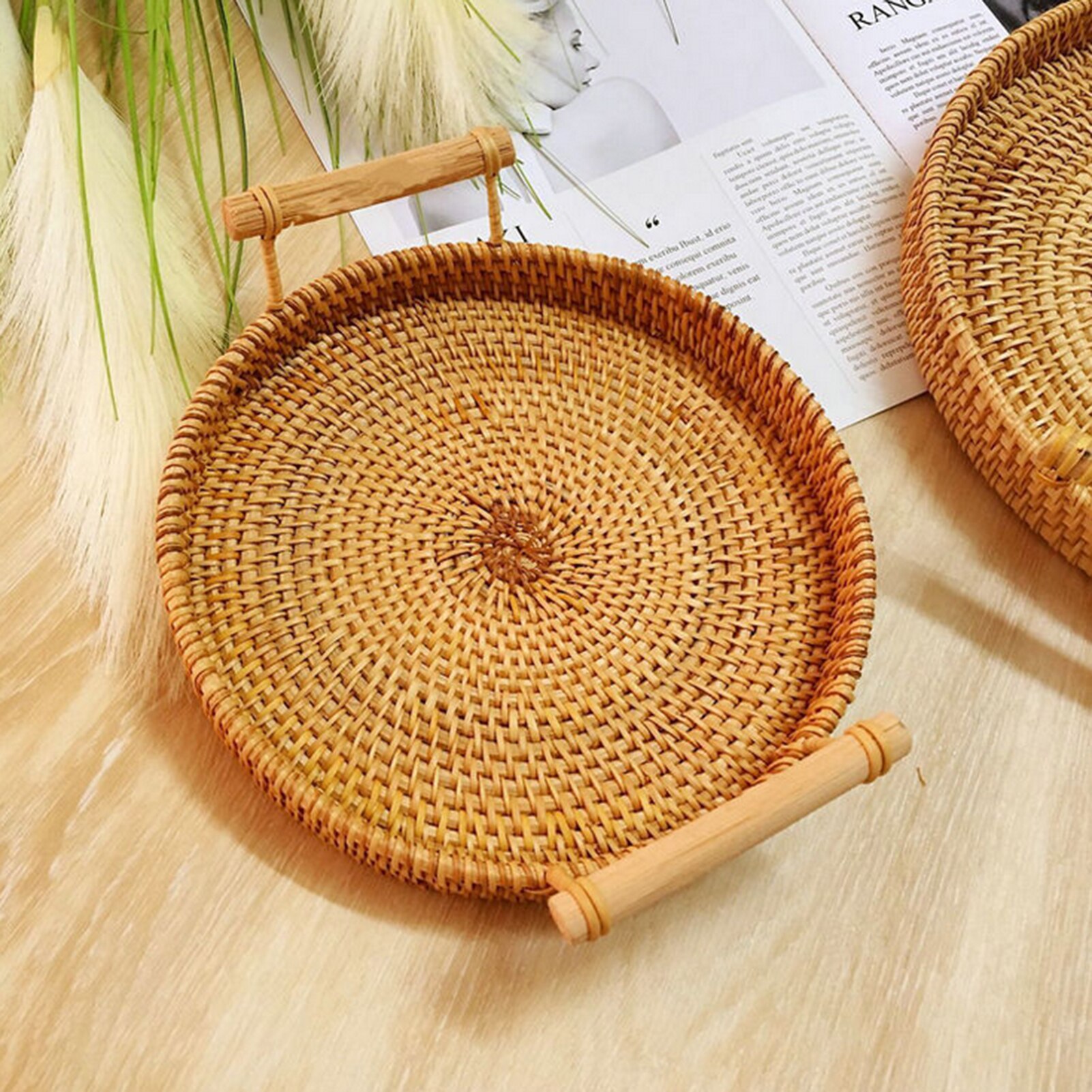 Handgeweven opbergmand en dienblad set van 3 rieten rechthoekige opslagmanden voor het organiseren van rustieke rotan houten fruitschaal housewarmingcadeaus - België