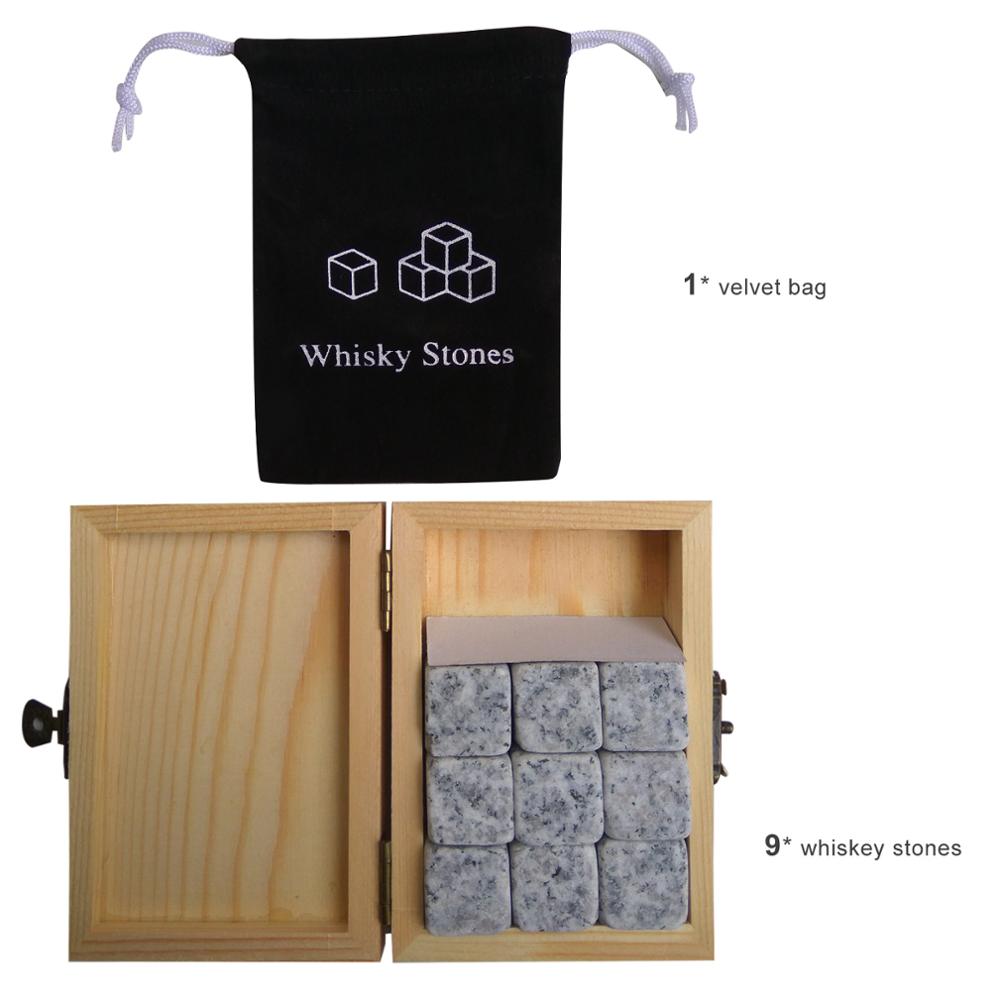 Whisky Stone with Wooden Box Vodka Glasses Wine Coolers Chillers Rocks Cube Stone Set Reusable Chilling Stone Mini Bar Tool: 9 Stones