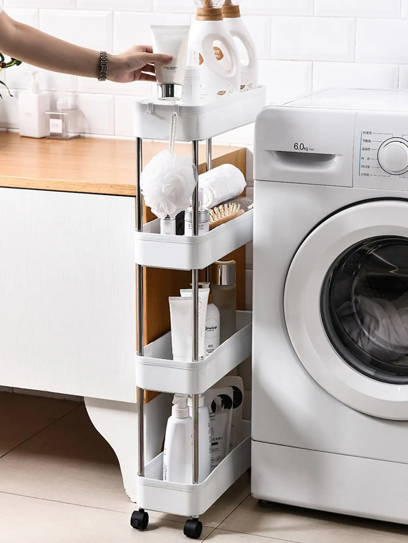 3/4 Layer Kitchen Gap Storage Rack White Freestanding Multilayer Rolling Utility Mobile Cart Bathroom Slim Slide Organizer Shelf