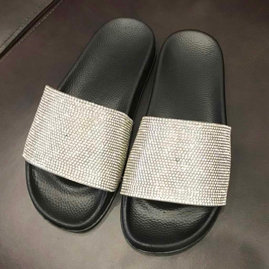 Frauen Hausschuhe Sommer Strand Casual Schuhe Flache Rutschen Hause Outdoor Diamante Sparkly Sliders Diamant alias Faulenzer: Black / 40