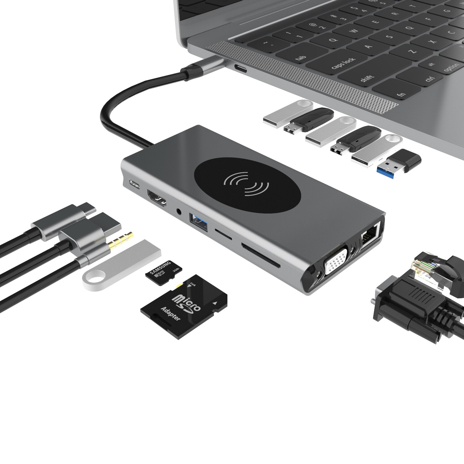 15 in 1 Typ C zu USB 3,0 Hub zu HDMI für MacBook Profi Huawei Kamerad 30 Erweiterung Dock USB-C Splitter Typ C Hub Drahtlose Ladegerät