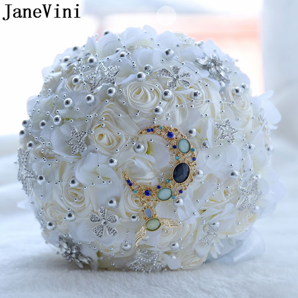Janevini bling bling rhinestone lyserøde blomster luksus stjerner brude smykker kunstig hortensia krystal måne bryllup buket