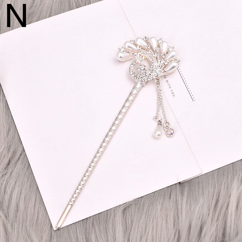 Pałeczki do włosów w stylu chińskim metalowe Rhinestone włosy kij kobiety Tassel kwiat perłowy chluba szpilka akcesoria biżuteria do włosów: N
