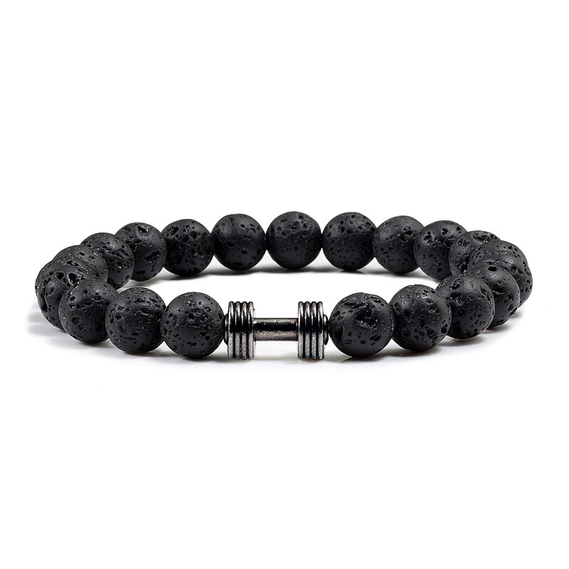 3 kleur Legering Barbell Halter Matte Black Lava Vulkanische Rock Mannen Armband Femme Natuursteen Boeddha Elastische Strand Armbanden: black lava gun black