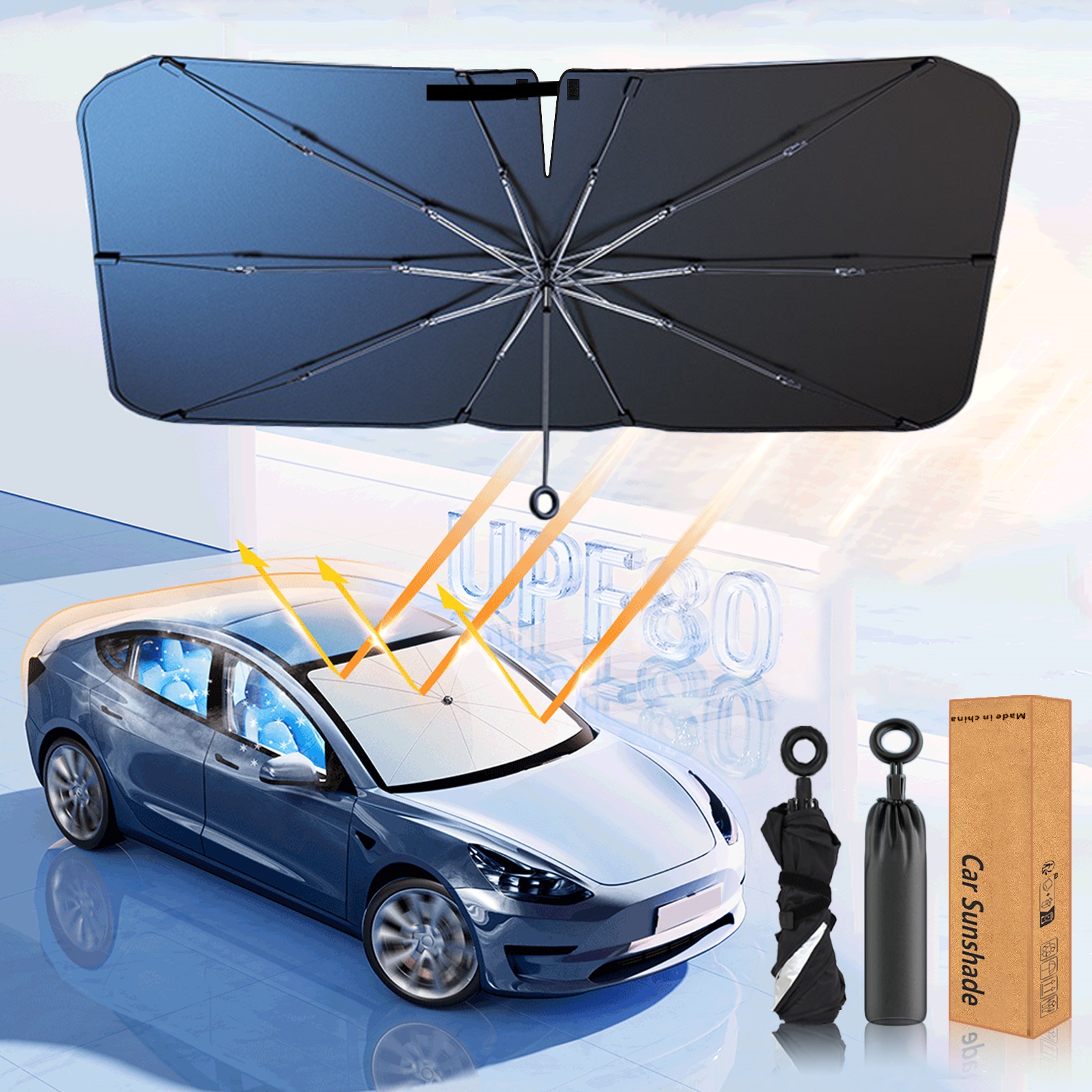 Verbeterde Auto Voorruit Zonneschermen Paraplu Opvouwbaar met Trekring Auto Voorruit Cover voor UV Ray Blok