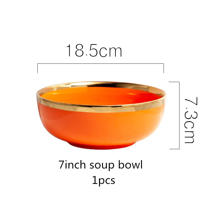 High Grade Bright Orange With Gold Lnlay Plates Steak Food Tray Ceramic Dinner Dish Salad Bowl Mug Porcelain Dinnerware: 7inch bowl 1PCS