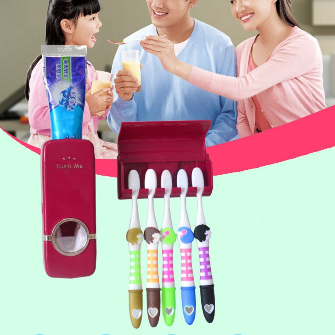 1 Set Tooth Brush Holder Automatic Toothpaste Dispenser + 5 Toothbrush Holder Toothbrush Wall Mount Stand Bathroom Tools