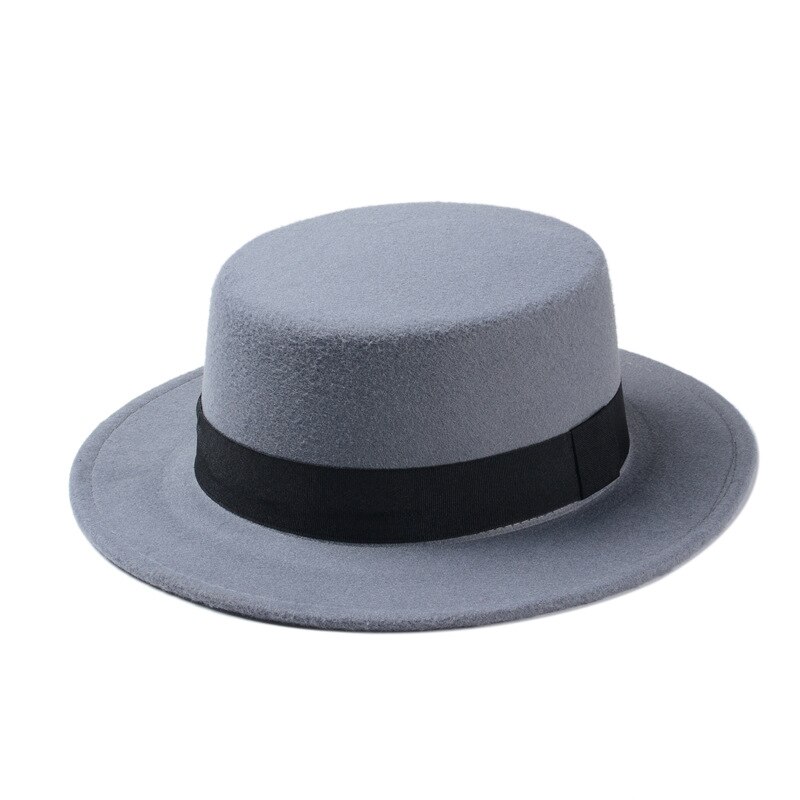 Brand Wool Boater Flat Top Hat For Women's Felt Wide Brim Fedora Hat Laday Prok Pie Chapeu de Feltro Bowler Gambler Top Hat: Grey