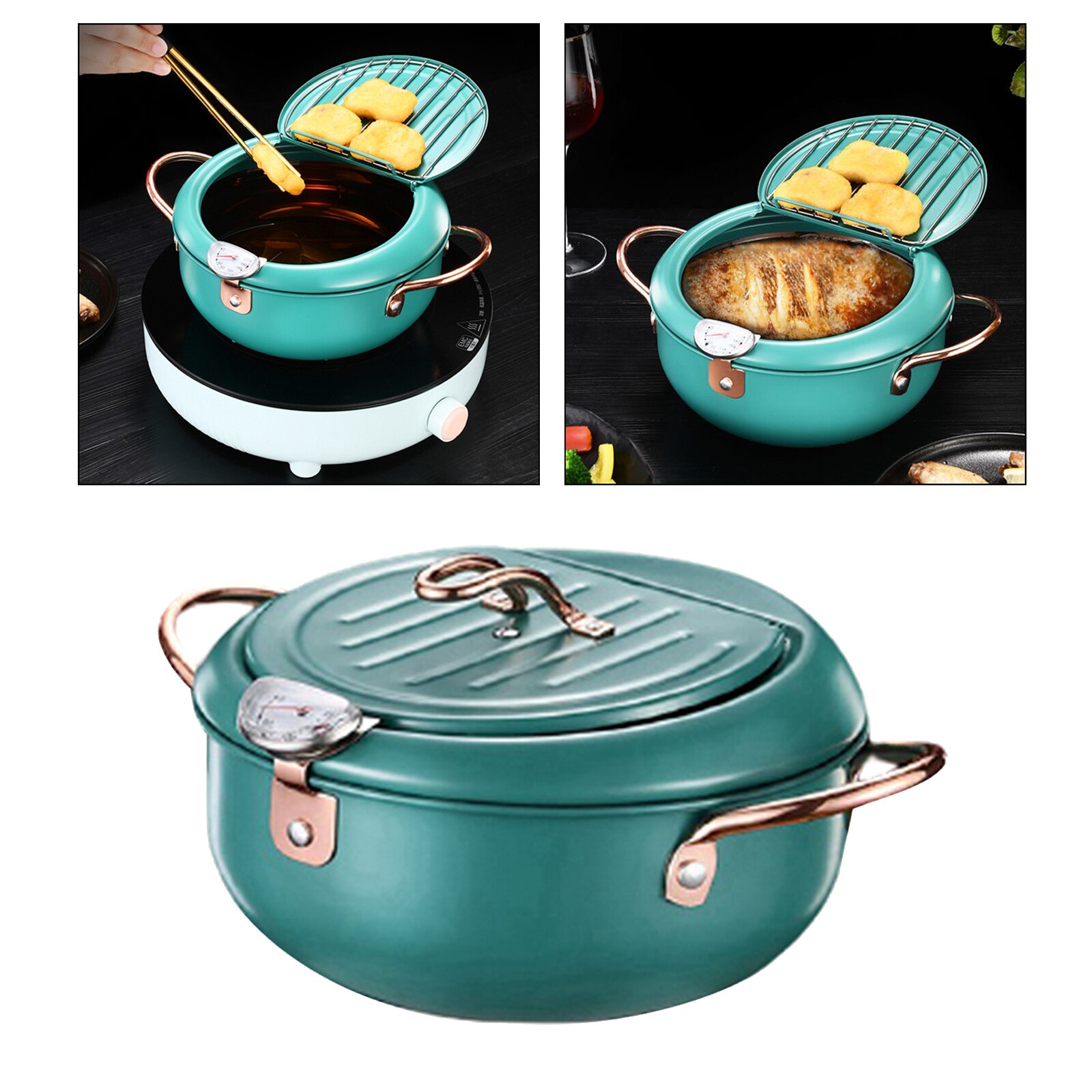 Japanese Deep Frying Pot with a Thermometer and a Lid Stainless Steel Kitchen Tempura Fryer Pan 20.5 cm