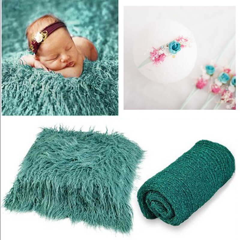 3 Stck neugeboren Fotografie Requisiten Outfits Baby strecken wickeln Swaddle lang Haar Decken Teppich Foto Matte mit Stirnbänder Pro Kleinkind: dunkel Grün