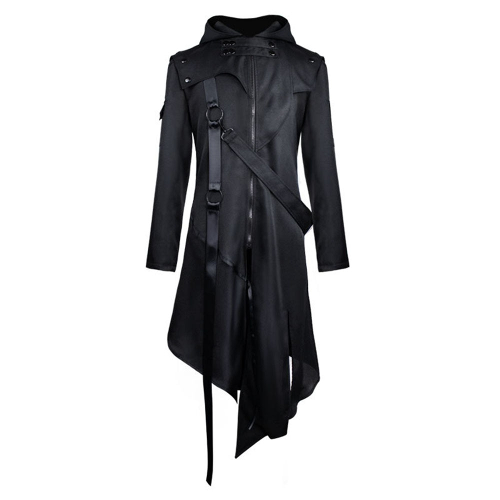 Gabardina larga para hombre, abrigo gótico negro, asimétrico, ajustado, con correa, con capucha, prendas de vestir exteriores, de otoño y otoño: S