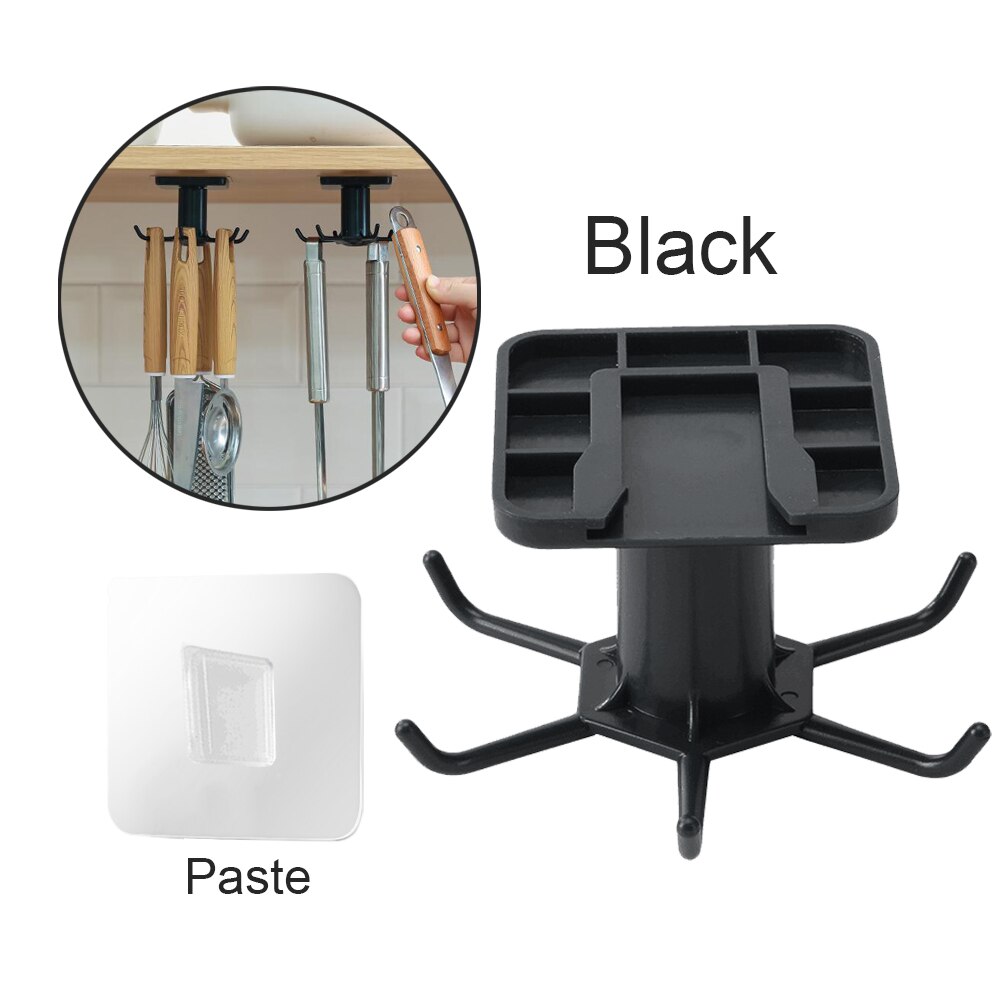 Rotating Hook Kitchen Hook Organizer Bathroom Hanger Wall Dish Drying Rack Holder for Lid Cooking Accessories Cabinet Storage: Two pieces / Black A