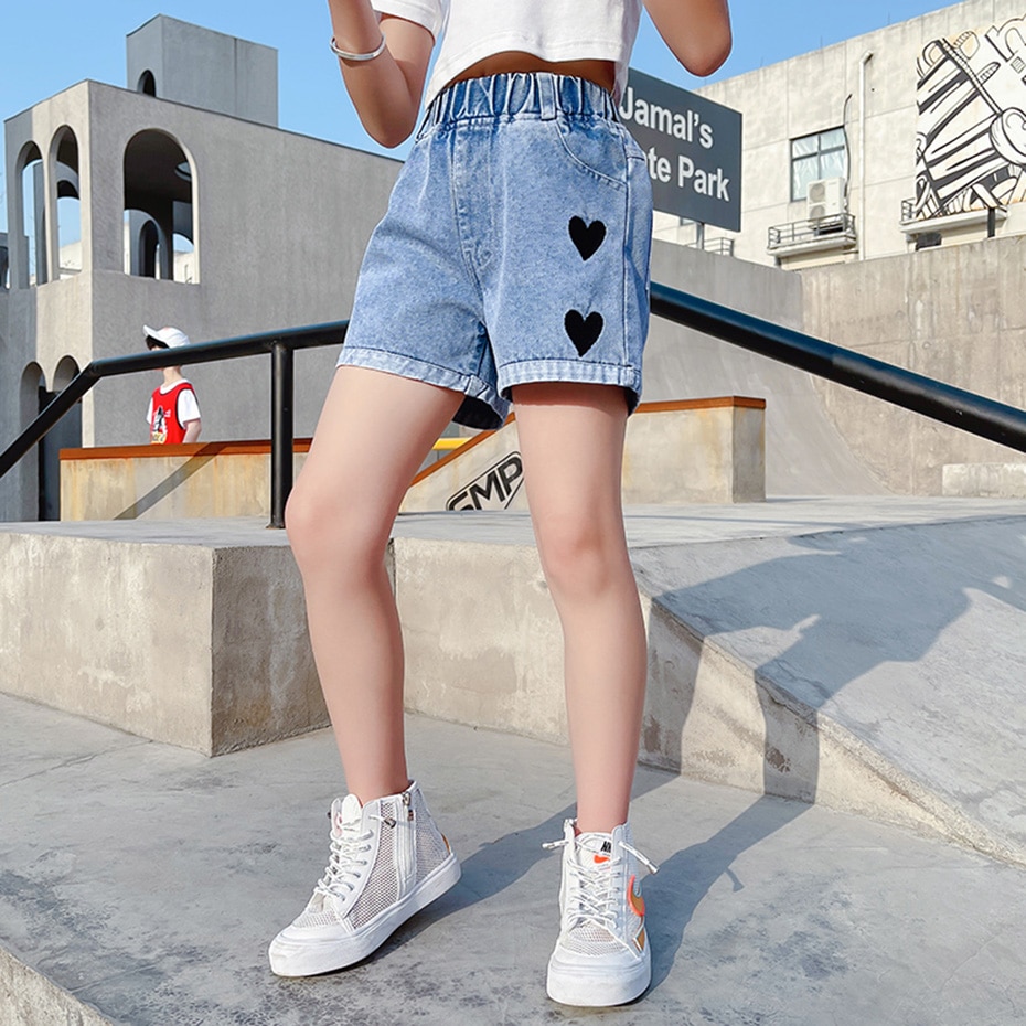 Girls Summer Jeans Heart Pattern Kids Girl Jeans Cuffs Jeans Kid Casual Style Clothes For Girls