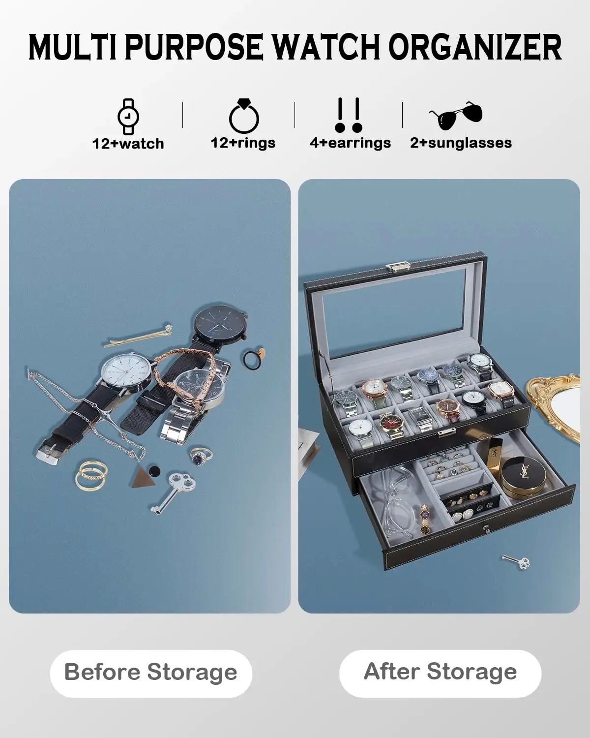 Watch Box 12 Slot Watch Display Organizer & 6 Glasses Organizer Case PU Leather Jewelry Case Drawer Glass Birthday for Men Women