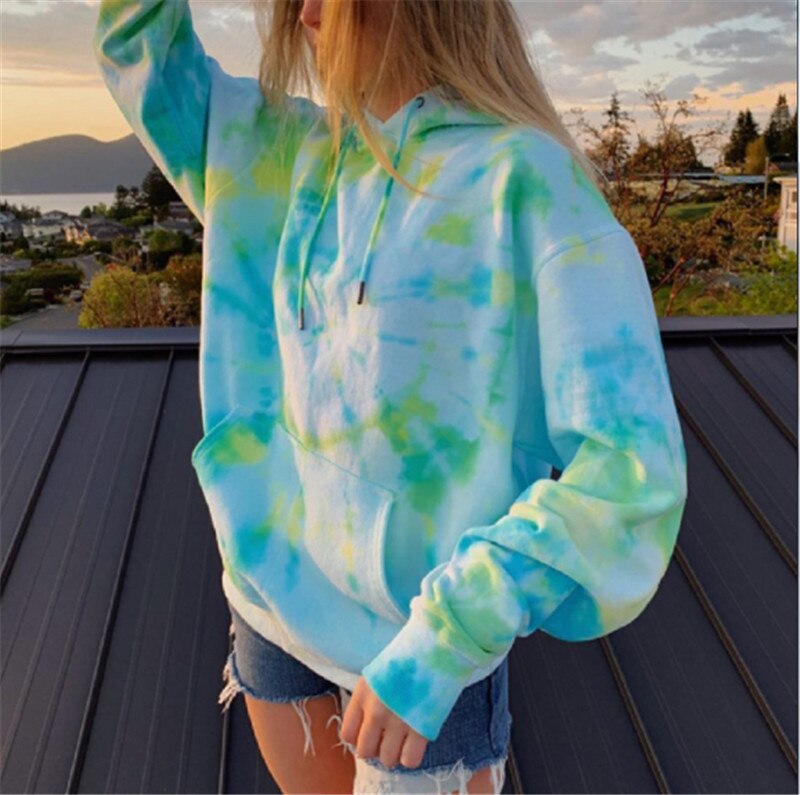 Tie Dye Sport Sweaters Women Sweatshirts Spring Fall Long Sleeve Hooded Pullovers Female Casual Tops Plus Size: S / Green