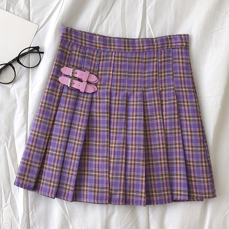 Summer Casual Women Skirts Harajuku Student Korean Pleated Skirt High Waist Female Sweet Mini Plaid Cute Kawaii Skirts: Purple / M