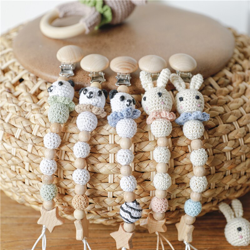 Rabbit Pacifier Chain Baby Teething Crochet panda Soother Holder Baby Teether Animal Newborn Baby Dummy Clips