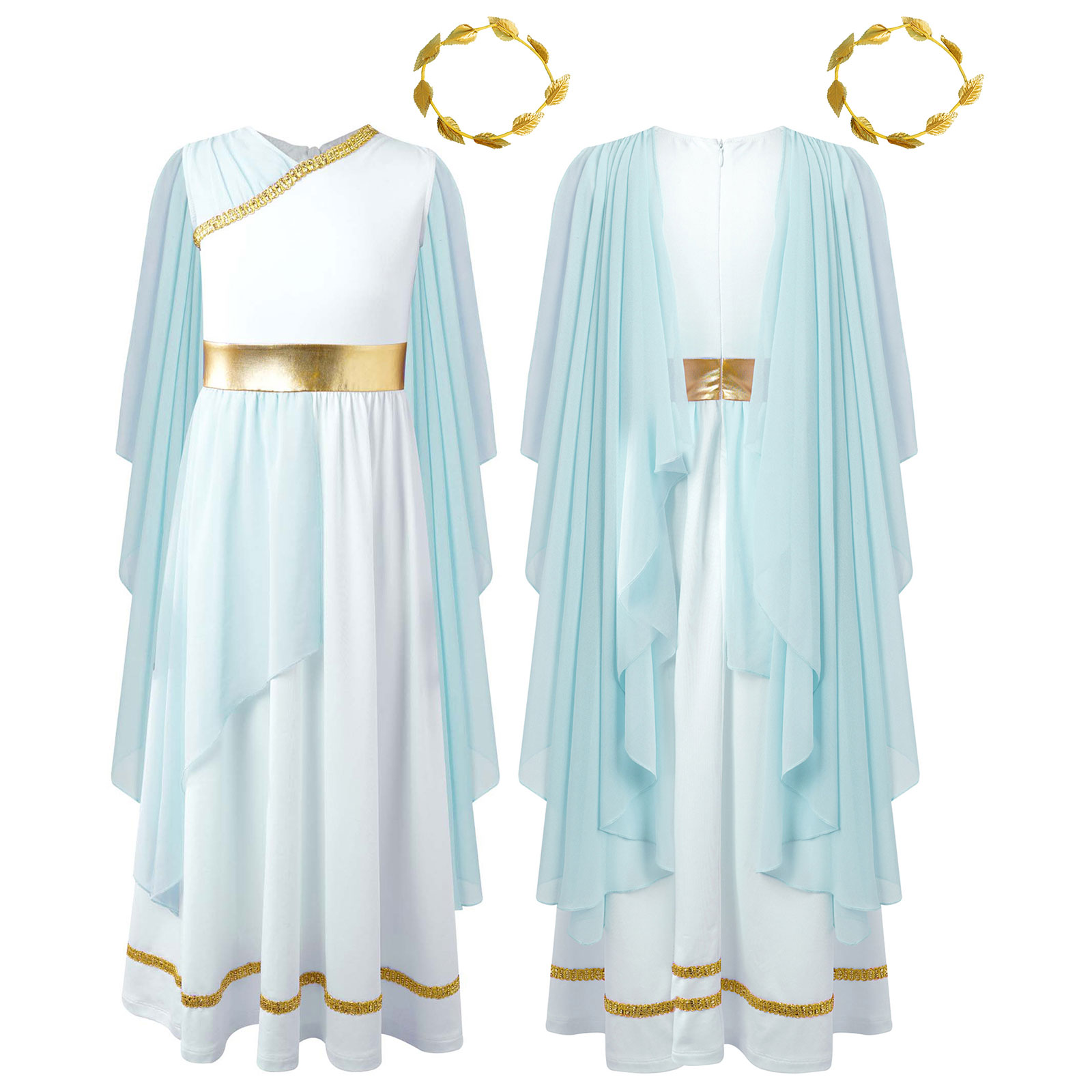 Athena-kostume til piger, græsk prinsessekjole, oldgræsk romersk toga med laurbærblad, hovedbeklædning, halloween, karneval, cosplay-sæt: L / Elfenben