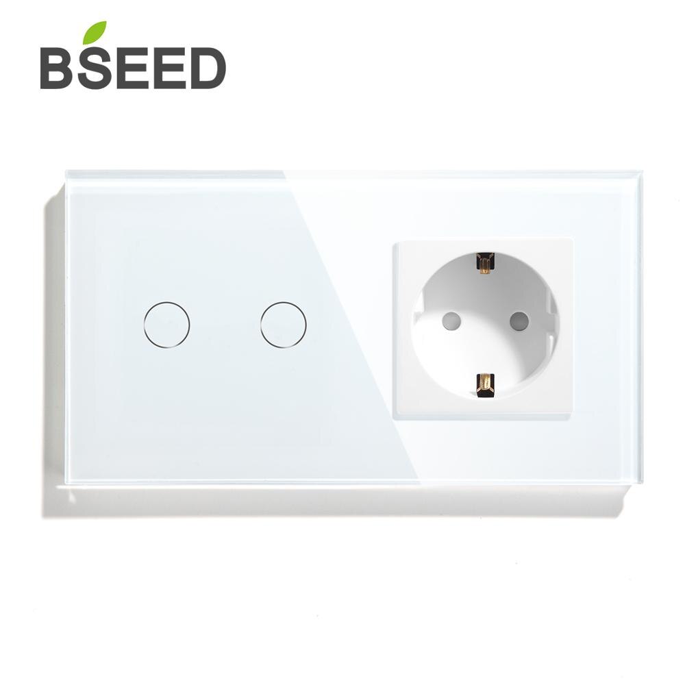BSEED 2 Gang 1 voie 2 voies interrupteur tactile avec prise Standard ue noir blanc or cristal verre panneau commutateurs 3 couleurs