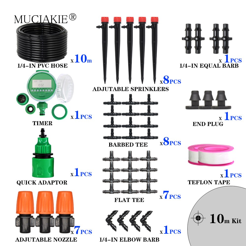 Muciakie garden 1/4 &quot; slange drypvanding automatisk vanding kit tåge spray kølesystem med justerbar drypper controller: 10m 4 l 7 timersæt