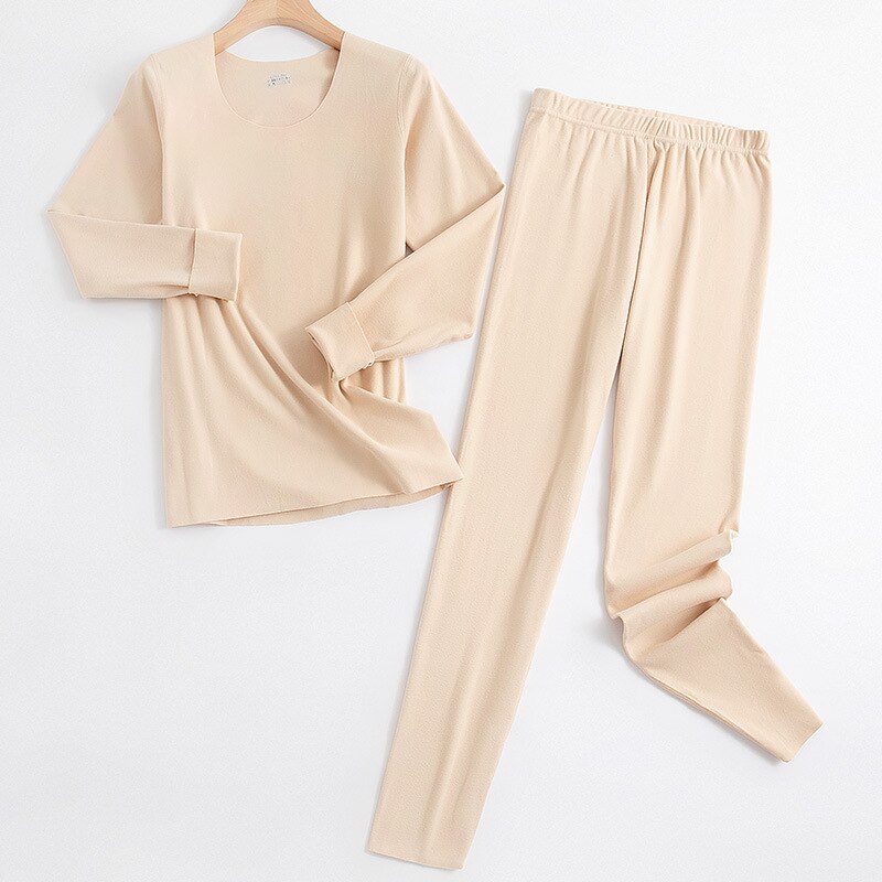 Ropa interior térmica de terciopelo para mujer, conjunto de Calzoncillos largos sin costuras, cálida, de segunda piel, con cuello redondo: Apricot / L (45-50kg)