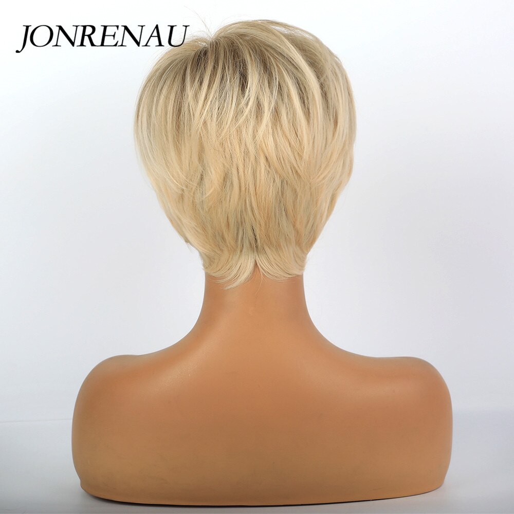 Jonrenau 8 tommer syntetisk kort lige paryk lys blonde brune parykker med pandehår pixie cut parykker til hvide sorte kvinder