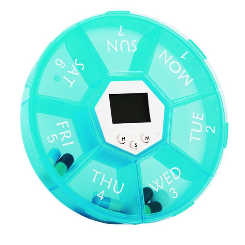 7 Grids Pill Box Electric Reminder Timer Alarm Weekly Round Organizer Medicine Case X5XC: Green