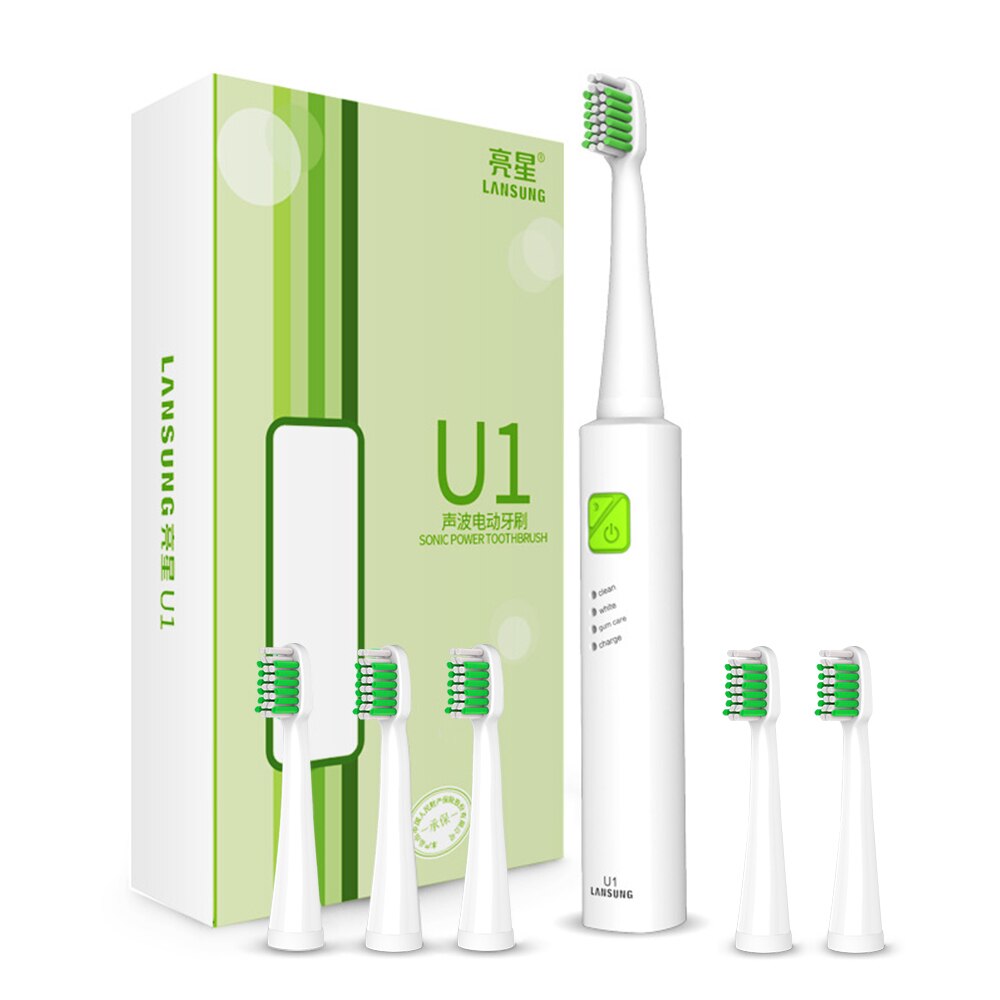 Lansung Schall- Elektrische Zahnbürste Ultra Schall- USB Aufladbare Erwachsene Zahnbürste Clever 4 Zahnbürste Köpfe Austauschbare Bleichen: U1 Weiß Grün 6Kopf