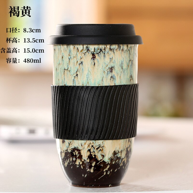 Large Ceramic Kiln Change Mug Cup With Lid Portable Couple Pottery Coffee Cups Water Mug Porcelain Milk Tea Mugs: D-480ml