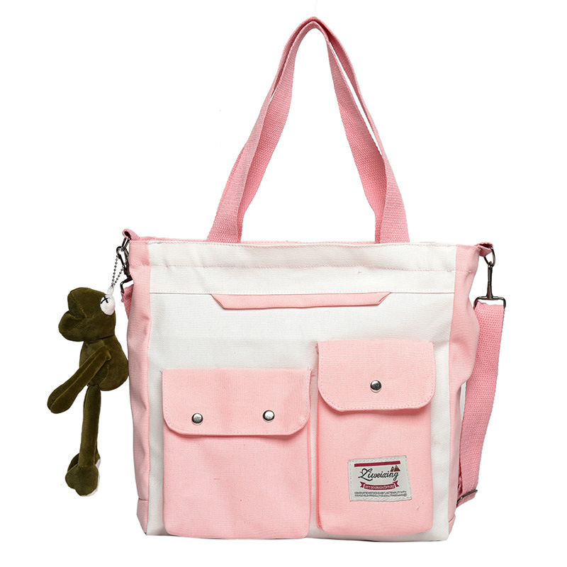 Women&#39;s Double Pocket Canvas Bag Trend Single Shoulder Bag with Lid Zipper Messenger Bag Tote Bag Student Tuition Bag