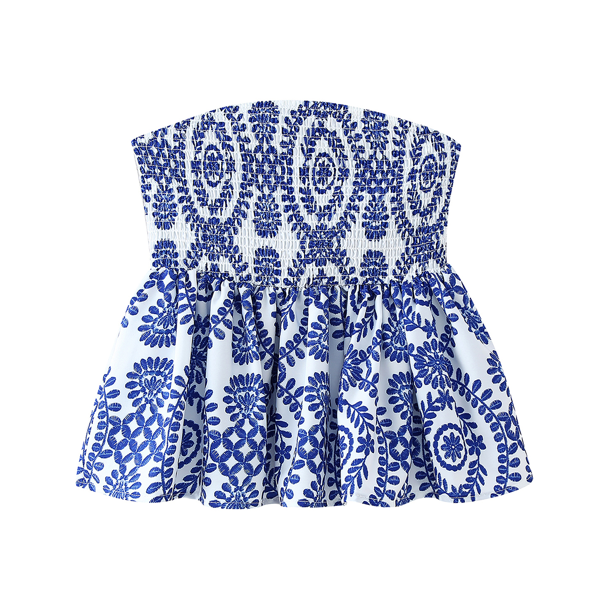 Top corto con estampado floral, busto fruncido, camisola sin tirantes, parte inferior con volantes, ropa de verano para mujer: XS / Azul