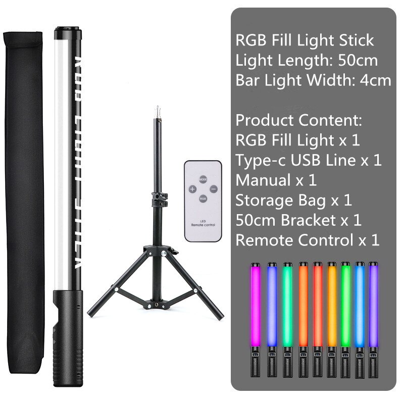 Rgb handhållen led ljusstav wand fotografering belysning stick usb laddningsbar 1200 lumen 3200-5600k tiktok hemmafest rgb fyll lampor: 0.5m stativ kit
