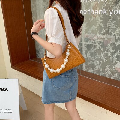 Crossbodytassen van pu-leer met krokodillenmotief voor dames, handtassen met parelmoeren handvat, mini-schoudertas met ketting en messengertas.: Geel