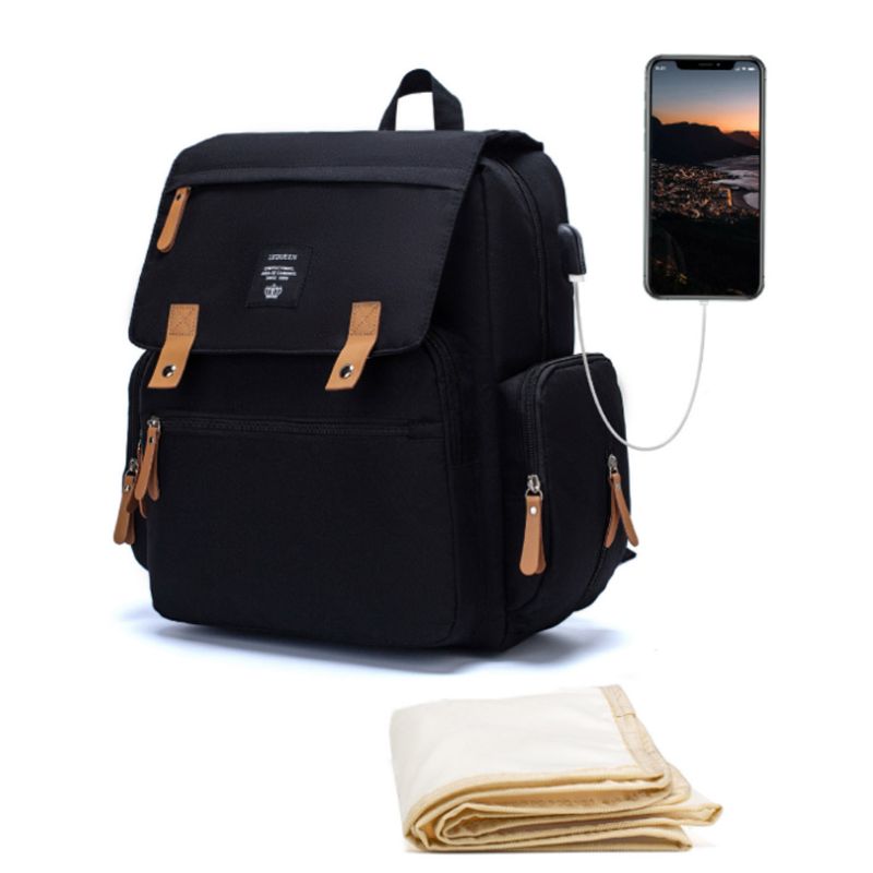 Multifunctional Baby Diaper Mummy Backpack Large Capacity USB Port Nappy Bag: 3TT904178-BK