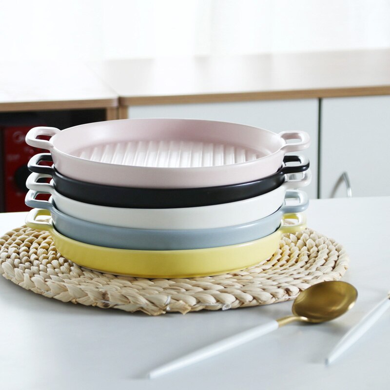 Binaural Baking Dish Round Ceramic Dinner Plates Baking Cake Pans Cheese Baking Dish Tray Dishes Microwave Oven Plate Tableware