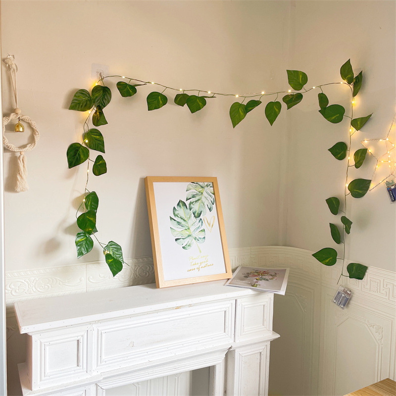 Guirnalda de luces LED de plantas artificiales, 20/50/100LED, hojas verdes, funciona con pilas para colgar decoración navideña, 1 ud.