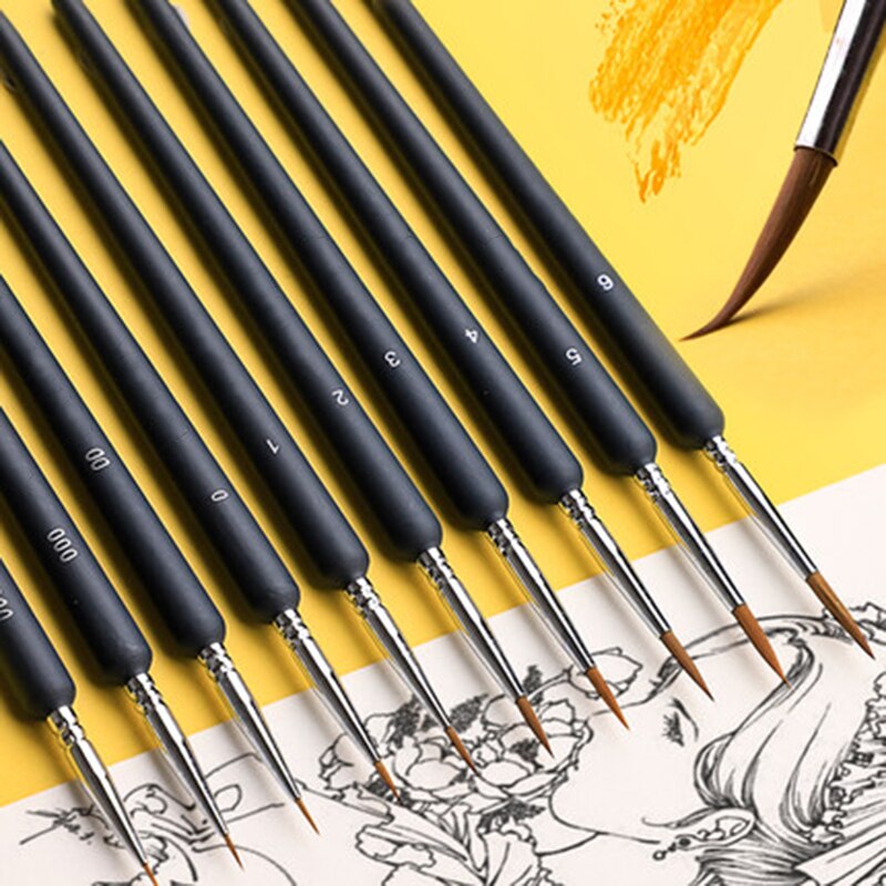 10pcs Hook Line Paint Brush Set Different Models Black Watercolor Soft Hair Oil Painting Extra Fine Hand Painted Brush Stroke